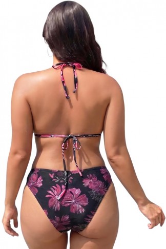 Plus Size Σετ 3 Τεμαχίων Φλοράλ Μπικίνι & Μαύρο Παρεό A-1187