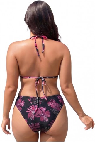 Plus Size Σετ 3 Τεμαχίων Φλοράλ Μπικίνι & Μαύρο Παρεό A-1187